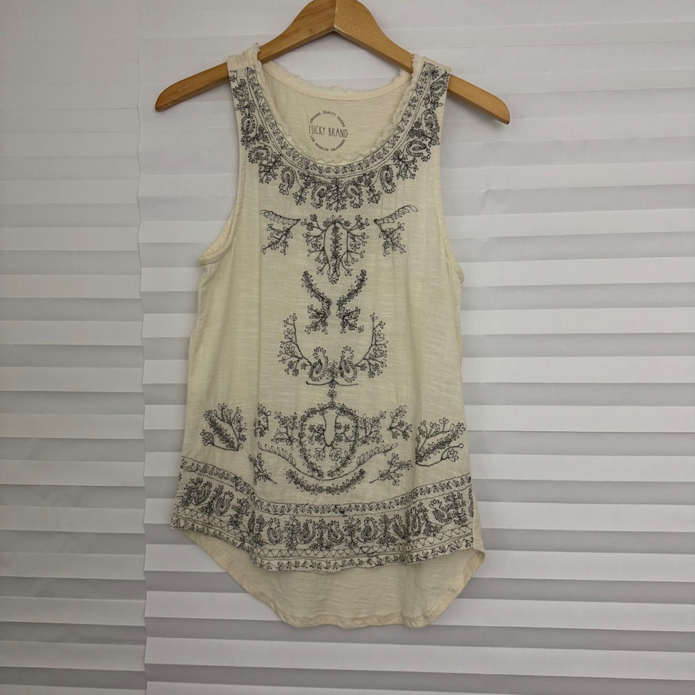 Lucky Brand Womens XS Cream Black Boho Graphic Print Sleeveless Tank Top Hi‎ Lo